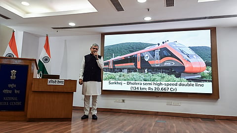Union Minister Ashwini Vaishnaw addresses the Cabinet press conference and briefs the media on the Sarkhej-Dholera semi-high-speed double-line railway project 