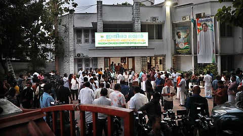 Congress workers and supporters were stationed outside the Kerala Pradesh Congress Committee (KPCC) office, Indira Bhavan, at Vellayambalam in Thiruvananthapuram on Wednesday, May 13, 2026.