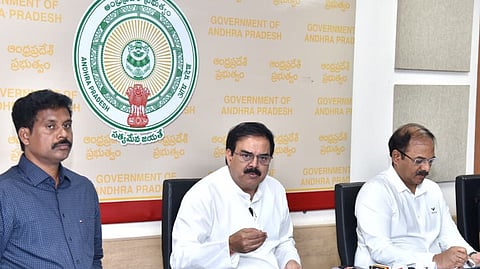 Civil supplies minister Nadendla Manohar addressing the media on Tuesday.