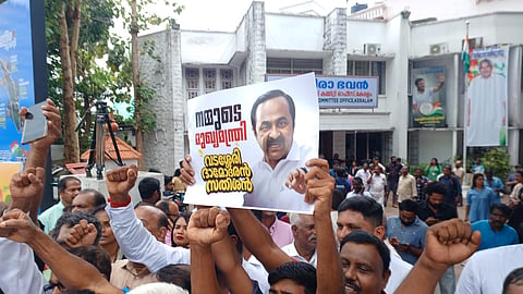 Jubilant Congress workers at Indira Bhavan the KPCC headquarters in Thiruvananthapuram on Thursday.
