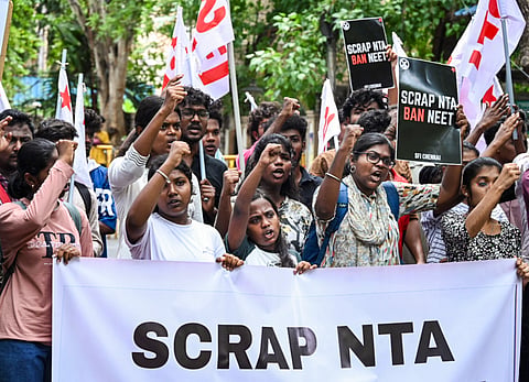  Students' Federation of India (SFI) members take out a protest rally against the National Testing Agency (NTA) over the alleged paper leak concerns following the cancellation of the NEET-UG 2026 examination, in Chennai, Tamil Nadu