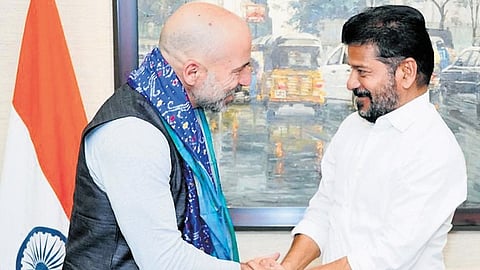 Uber CEO Dara Khosrowshahi meets Chief Minister A Revanth Reddy at the latter’s residence at Jubilee Hills in Hyderabad on Wednesday