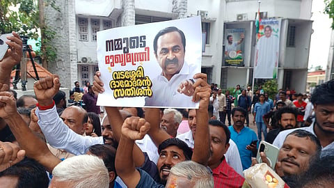 Congress workers celebrate at the KPCC headquarters in Thiruvananthapuram after V D Satheesan was announced as Kerala Chief Minister-designate on Thursday, May 14, 2026.
