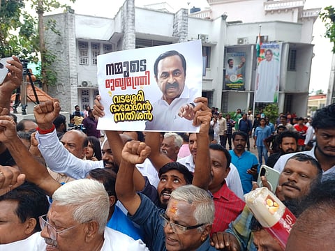 UDF leaders share a celebratory moment at the Cantonment House in Thiruvananthapuram on Thursday, following the official announcement naming VD Satheesan as the new Kerala Chief Minister.