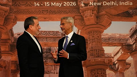 EAM S.Jaishankar, right, speaks with Iranian Foreign Minister Abbas Araghchi as he arrives for a two-day BRICS nations meeting in New Delhi, Thursday, May 14, 2026. 
