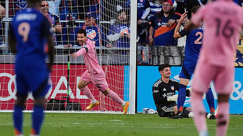 Inter Miami CF midfielder Lionel Messi reacts after scoring a goal during the first half of an MLS soccer game against FC Cincinnati, Wednesday, May 13, 2026, in Cincinnati.