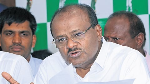 Union Minister HD Kumaraswamy addresses the media at the JDS office in Bengaluru on Thursday 