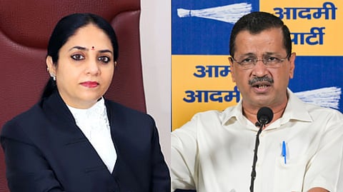 (L-R) Delhi High Court judge Justice Swarana Kanta Sharma and Aam Aadmi Party (AAP) national convenor Arvind Kejriwal.