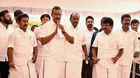 AIADMK faction group led by S.P. Velumani and C.Ve. Shanmugam arrive at the Secretariat on May 12, 2026. 