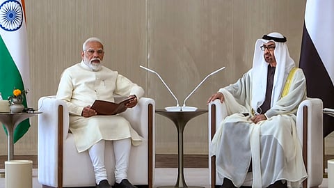 In this screengrab from a video posted on May 15, 2026, Prime Minister Narendra Modi and UAE President Sheikh Mohamed bin Zayed Al Nahyan during a meeting, in Abu Dhabi.