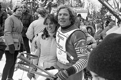 Claudine Longet and Vladimir "Spider" Sabich, right, appear at the Benson and Hedges Slalom Classic ski meet at Mount Snow in West Dover, Vt., on Jan 6, 1974.