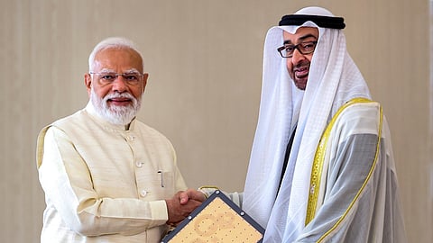 In this image received on May 15, 2026, Prime Minister Narendra Modi and UAE President Sheikh Mohamed bin Zayed Al Nahyan during delegation-level talks, in Abu Dhabi. 