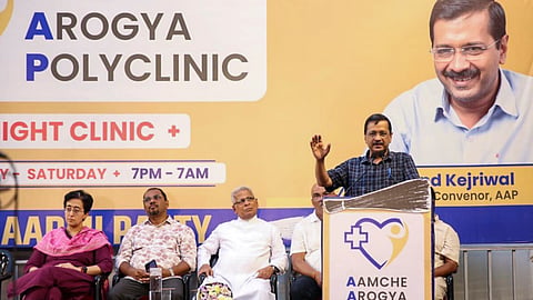 AAP National Convener Arvind Kejriwal speaks during the inauguration of 'Aamche Arogya' Polyclinic in Velim, Goa, May 15, 2026.