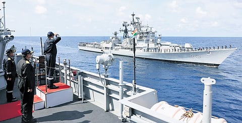 Chief of the Naval Staff Admiral Dinesh K Tripathi reviews the training and administrative activities of the Eastern Naval Command during his visit to Vizag.