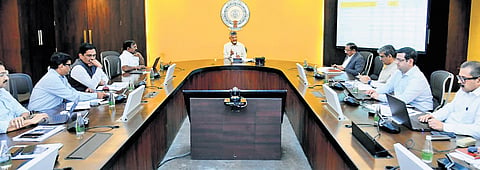CM Nara Chandrababu Naidu holds a review meeting with officials at the AP Secretariat in Velagapudi on Thursday.