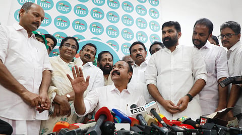 VD Satheesan addresses the media at the Cantonment House in Thiruvananthapuram after the official announcement naming him as the new Kerala Chief Minister on Thursday.
