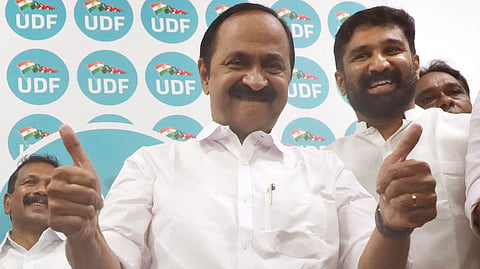 UDF leaders share a celebratory moment at the Cantonment House in Thiruvananthapuram on Thursday, following the official announcement naming VD Satheesan as the new Kerala Chief Minister.
