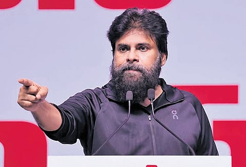 Deputy CM Pawan Kalyan during Jana Udyami Atmiya Samaveesam on Friday. 