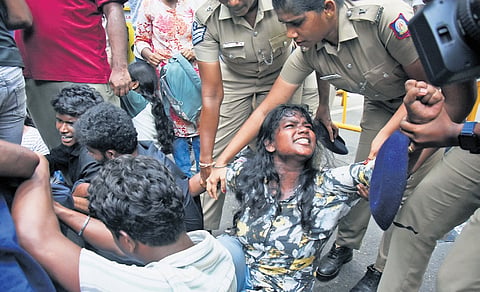 Members of SFI staging a protest condemning the NEET paper leak and subsequent cancellation of the examination in Chennai. 