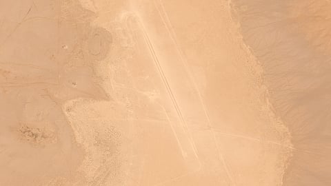 This satellite image provided by Airbus DS shows what appears to be a human-made track dug out in Iraq's western Nukhaib desert, some 250 kilometers, southwest of the capital, Baghdad, on Sunday, March 8, 2026.