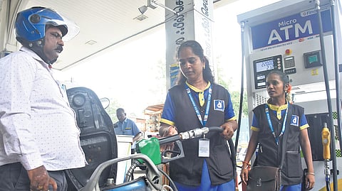 Motorists at a petrol station in Chennai on Friday following union government’s announcement of Rs 3 per litre hike in petrol and diesel prices.