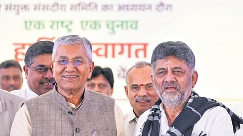Joint Parliamentary Committee Chairman P P Chaudhary and DCM DK Shivakumar in Bengaluru on Saturday 