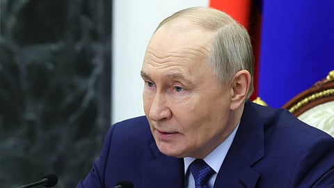Russian President Vladimir Putin holds a meeting on economic issues at the Kremlin in Moscow, Russia, Friday, May 15, 2026.