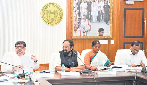 Irrigation Minister N Uttam Kumar Reddy, along with other ministers, reviews the progress of Devadula project in Hyderabad on Saturday. 