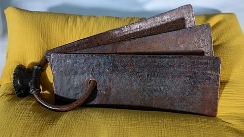 The Chola Copper Plates are a set of 21 large plates and 3 small plates and largely contain texts in Tamil.