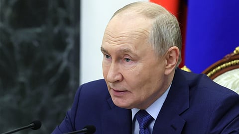 Russian President Vladimir Putin holds a meeting on economic issues at the Kremlin in Moscow, Russia, Friday, May 15, 2026.
