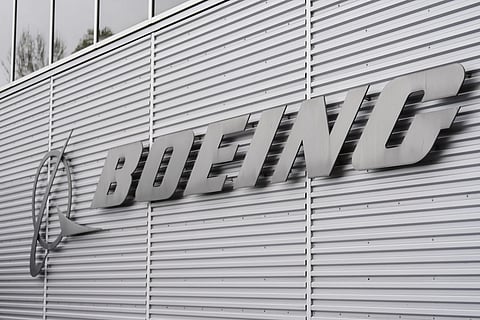 The Boeing logo is seen outside of Boeing's factory Wednesday, April 15, 2026, in Renton, Wash. 