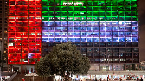 Tel Aviv City Hall is lit up with the flag of the United Arab Emirates as UAE and Israel announced they would be establishing full diplomatic ties, Aug. 13, 2020, in Tel Aviv, Israel.