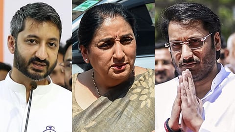 Maharashtra Deputy Chief Minister and NCP National President Sunetra Pawar (C) and her sons Jay Pawar (L) and Parth Pawar (R).