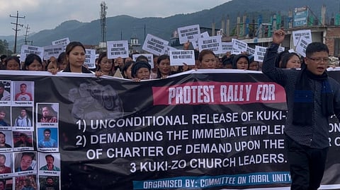 Kuki-Zo community members take part in a mass “rally for justice” in Churachandpur on Saturday, May 16, 2026.