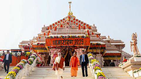 Prime Minister Narendra Modi with Uttar Pradesh Governor Anandiben Patel and Chief Minister Yogi Adityanath at the Ram Temple, in Ayodhya, Uttar Pradesh.