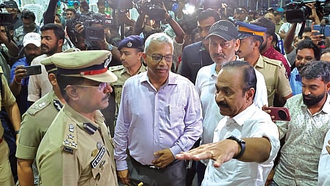 Chief Minister-designate V D Satheesan reviews final preparations at the swearing-in ceremony venue at Central Stadium, Thiruvananthapuram, on Sunday. Chief Secretary A Jayathilak and City police commissioner K Karthick are also seen | B P Deepu 