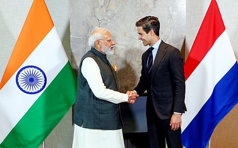 In this image received on May 17, 2026, Prime Minister Narendra Modi with his Netherlands counterpart Rob Jetten during an MoU exchange ceremony after a bilateral meeting, in Netherlands. 