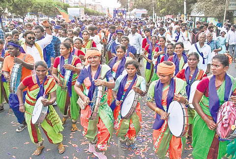 Thousands of dappu artistes join BJP SC Morcha rally in Vijayawada, seek welfare measures