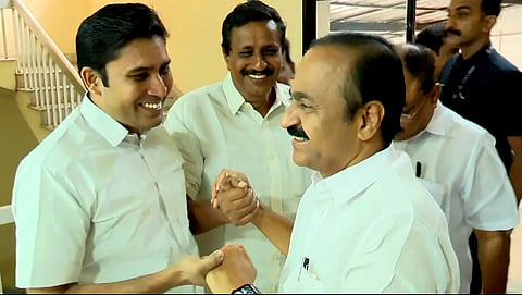 Kerala Chief Minister-designate VD Satheesan (R), arrives at Indira Bhavan to meet KPCC president Sunny Joseph, for finalising the Cabinet ministers' list ahead of the swearing-in ceremony, in Thiruvananthapuram, Kerala, Sunday, May 17, 2026. 