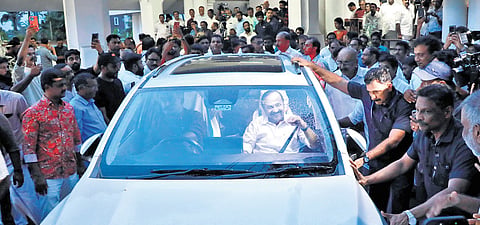 Kerala Chief Minister-designate V D Satheesan leaving after speaking to the media about cabinet formation and Monday’s swearing-in ceremony, at Cantonment House in Thiruvananthapuram on Sunday 