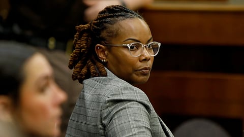 Former Richneck Elementary School assistant principal Ebony Parker looks back into the courtroom during Abby Zwerner's lawsuit against her on Oct 28, 2025, in Newport News, Va.