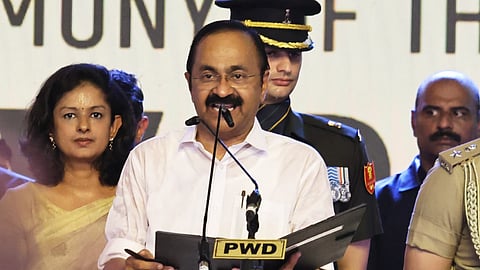 Kerala Chief Minister VD Satheesan takes oath of office during the swearing-in ceremony of the state government, in Thiruvananthapuram.