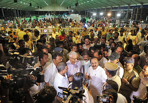  Chief Minister-designate V D Satheesan reviews the final preparations at the swearing-in ceremony venue at Central Stadium, Thiruvananthapuram