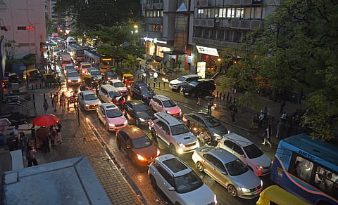 Traffic Jam on Cunnigham Road after a downpour that lashed Bengaluru city on Monday evening. 