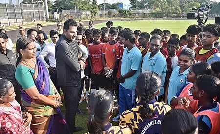 Public Works and Sports Development Minister Aadhav Arjunan interacting with kids during his visit to Nehru Indoor Stadium in Chennai