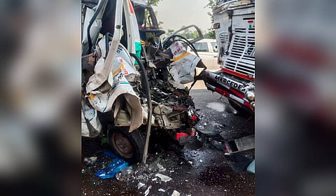 Damaged remains of vehicles after a collision between a van and a truck on the Sisaiya-Lakhimpur national highway, in Lakhimpur, Uttar Pradesh, Monday, May 18, 2026. 