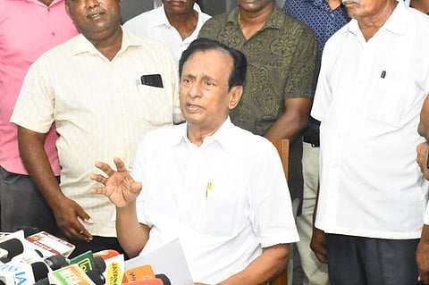 Senior AIADMK leader S Semmalai speaking to the media in Salem