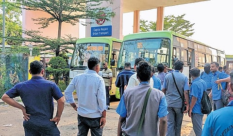 Ama Bus staff staging protest at Patrapada depot in Bhubaneswar 
