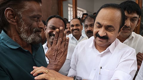 Chief Minister-designate V D Satheesan leaves Indira Bhavan in Thiruvananthapuram, after a meeting on Sunday.