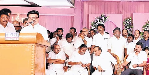 DMK chief M K Stalin addressing the crowd during a marriage function in the family of a DMK functionary in Thanjavur on Monday 